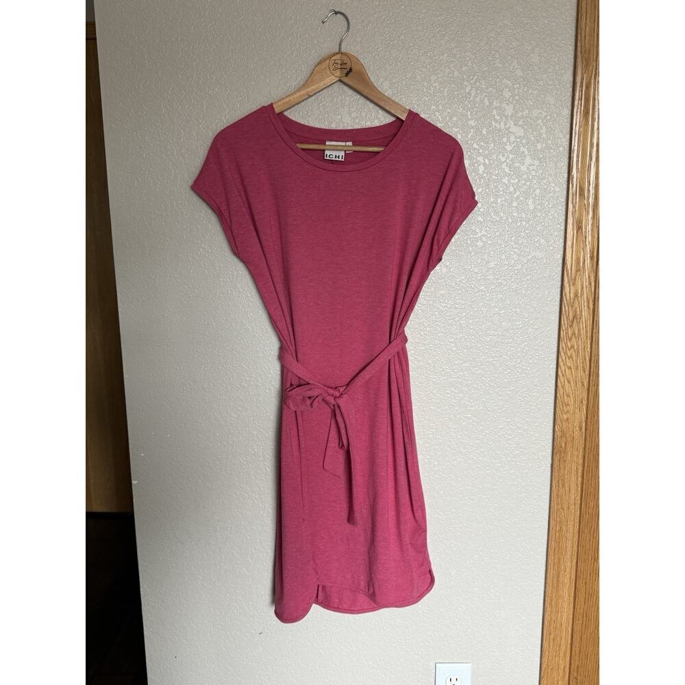 ICHI Ihrebel Tie Waist Tshirt Dress Size Small Metallic Pink